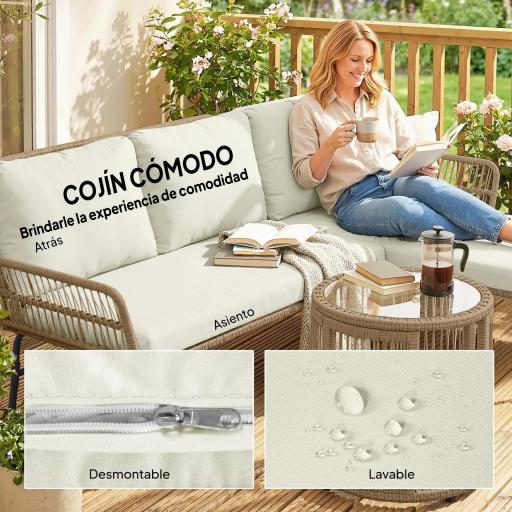 Conjunto de Muebles de Jardín Exterior de Ratán con Sofá de 2 Plazas Chaise Longue Cojines y Mesa Auxiliar Crema [6]