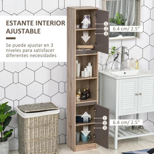 Armario de Baño Alto, Columna de Baño Estrecha con 2 Puertas y 2 Estantes Abiertos, para Espacios Pequeños, 30x24x170 cm, Roble y Gris [2]