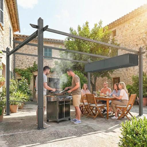Pérgola de Jardín 4x3 m con Cortinas Enrollables Automáticas y Techo Retráctil Cenador de Jardín con UPF50+ Gris Oscuro [3]