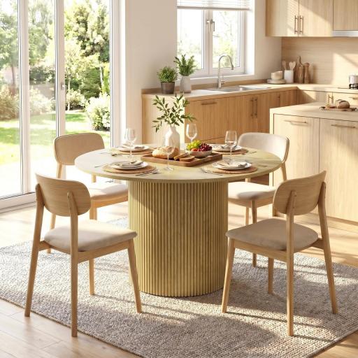 Mesa de Comedor Redonda Moderna para 4-6 Personas Mesa de Cocina de 110 cm con Base Cilíndrica Acanalada Roble [5]