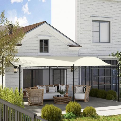 Pérgola de Pared 3x6 m con Techo Inclinado Orificios de Drenaje y Estructura Metálica Blanco Crema [6]