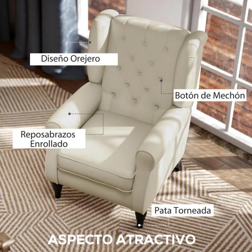 Sillón de Salón con Reposacabezas y Patas de Madera Butaca Carga 160 kg para Dormitorio Oficina Sala de Estar Crema [2]