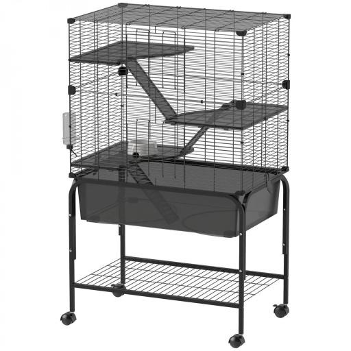 Jaula para Animales Pequeños de 4 Niveles con Ruedas Bandeja Profunda Rampas Plataformas y Comedero 73x47x123 cm Negro [8]