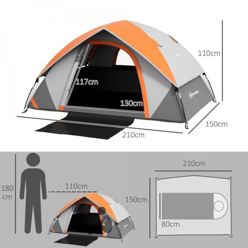 Tienda de Campaña Plegable para 2 Personas con Ventana y Bolsa Impermeable 3000 mm 210x150x110 cm Gris y Naranja [1]