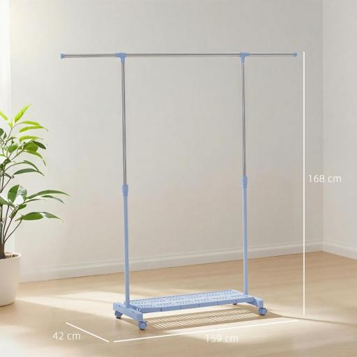 Tendedero Extensible con Ruedas con Barra de Acero Inoxidable y Estante para Zapatos 159x42x168 cm Azul y Plata [1]