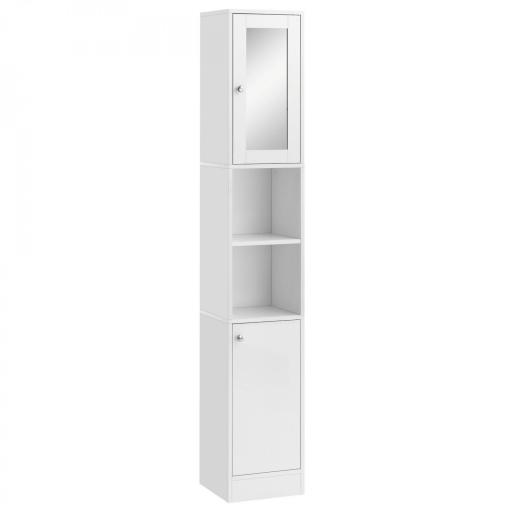 Armario Alto para Baño con Espejo Mueble Columna de Baño Madera con 2 Estantes Abiertos 2 Puertas y Baldas Interiores Ajustables 30x28x180 cm Blanco [5]