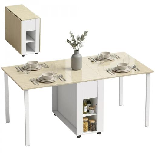 Mesa de Cocina Plegable para 6 Personas con Alas Abatibles Cajón Estantes Abiertos 168,2x85x73 cm Blanco [9]