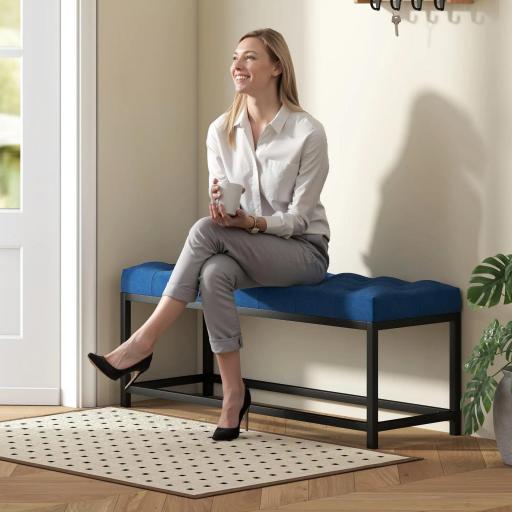 Banco Pie de Cama Tapizado en Terciopelo Diseño Capitoné Base de Metal para Dormitorio Entrada Salón Azul Oscuro [4]