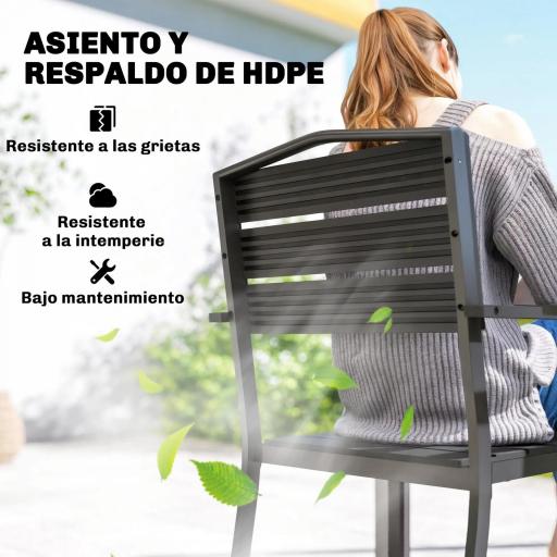 Juego de 4 Sillas de Jardín Exterior Apilables con Reposabrazos Respaldo y Asiento Marco Metálico 52x51x90 cm Negro [3]