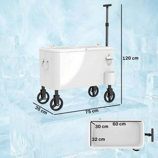 Carrito Nevera de 56L con Ruedas Mango Ajustable Abrebotellas Recogetapas Drenaje y Asa 75x35x120 cm Blanco [1]