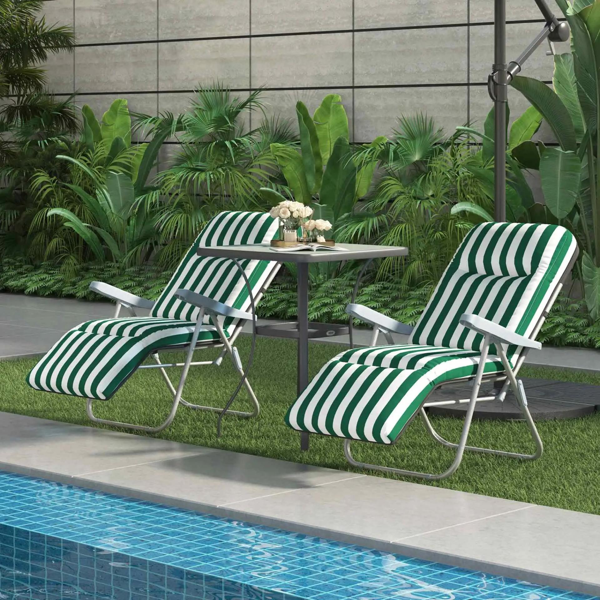 2 Tumbonas de Jardín de Acero con Cojín Acolchado Respaldo Ajustable y Reposapiés 60x75x66-102 cm Rayas Verde