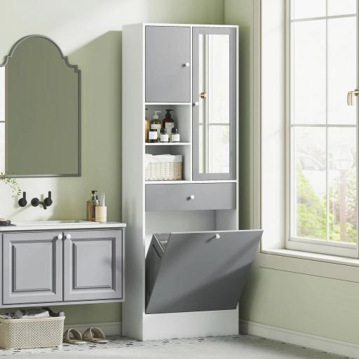Armario de Baño con Cesto Ropa Sucia Espejo Cajón Compartimentos y Estantes Ajustables 62x28,3x181 cm Blanco y Gris