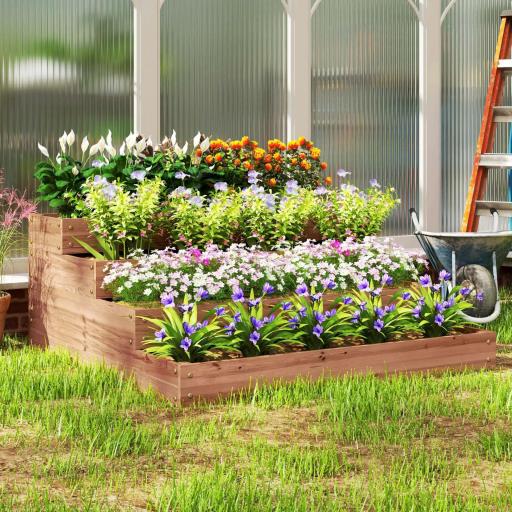 Jardinera de Madera Elevada de 4 Niveles con Diseño de Escalera para Cultivos Plantas Flores 113x113x46 cm Café Oscuro [6]