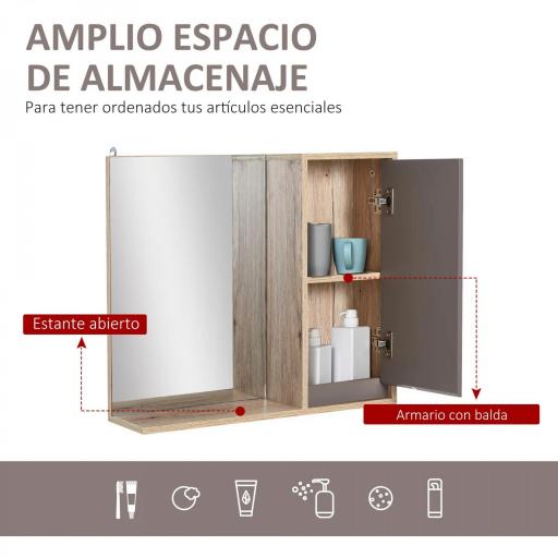 Armario de Baño con Espejo Mueble Auxiliar Montado en Pared con 1 Puerta y Estante Ajustable Estilo Moderno 57x14,2x49,2 cm Roble y Gris [2]