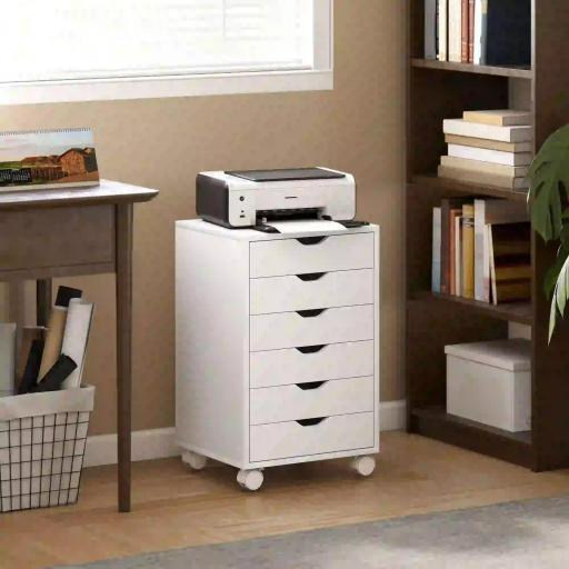Cajonera Escritorio Archivador Móvil con 6 Cajones Ruedas Guías Deslizantes Silenciosas para Oficina Casa Blanco