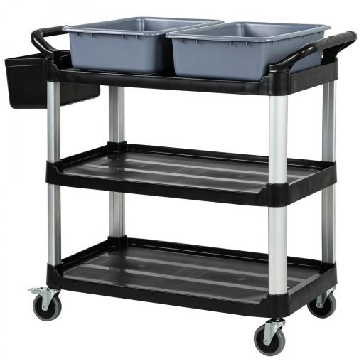 Carro de Limpieza con Ruedas con 3 Estantes 2 Contenedores y Cubo Lateral Colgante Carga 100 kg Negro [9]