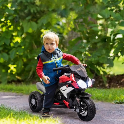 Moto Eléctrica Infantil con 3 Ruedas Trimoto para Niños de +3 Años con Batería 6V Recargable Funciones de Música Bocina Faros 86x42x52 cm Negro y Rojo