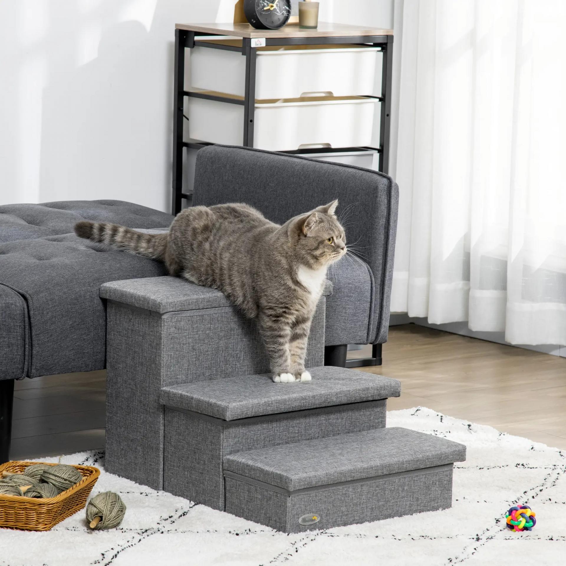 Escalera para Mascotas de 3 Peldaños Escalones para Perros Gatos con Espacio de Almacenamiento 63,5x42,5x40,5 cm Gris