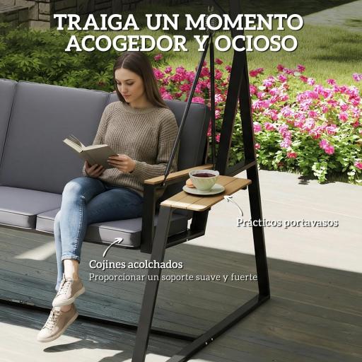 Columpio de Jardín Exterior de 3 Plazas con Techo Ajustable 2 Bandejas Cojines y Marco de Metal Carga 360 kg Gris [5]