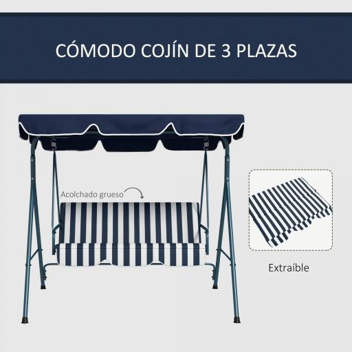 Columpio Balancín de Jardín de 3 Plazas con Cojín Techo Ajustable y Marco de Acero 172x110x153 cm Rayas Azul y Blanco [4]