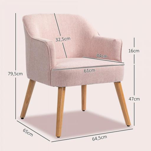 Butaca de Salón Moderna Sillón Individual Tapizado en Lino con Patas de Madera Carga 120 kg 64,5x65x79,5 cm Rosa [1]