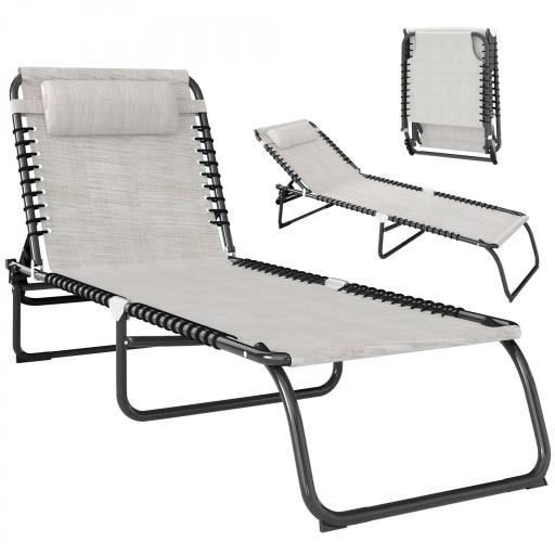 Tumbona Plegable, Tumbona Jardín Exterior Reclinable 4 Posiciones con Reposacabezas y Marco de Acero, Carga 120 kg, para Terraza, Piscina, Playa, 189x58x30 cm, Crema [8]