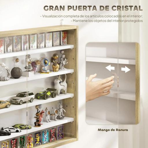 Vitrina de Pared de Madera con Estantes Ajustables y 2 Puertas Correderas de Cristal 80x9,5x60 cm Blanco y Natural [3]