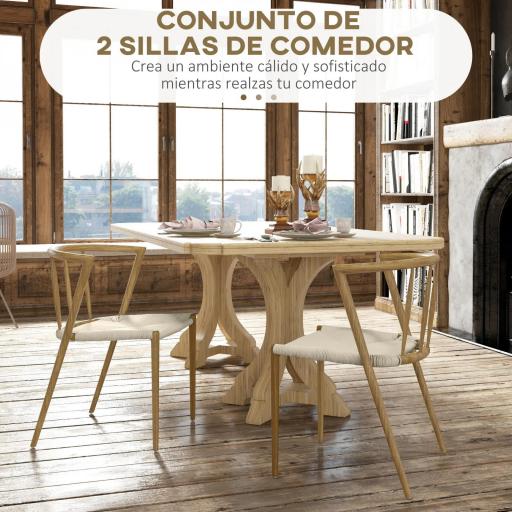 Pack de 2 Sillas de Comedor Moderno con Asiento de Cuerda de Papel Sillas de Cocina Apilables 51x51x71 cm Roble y Crema [2]