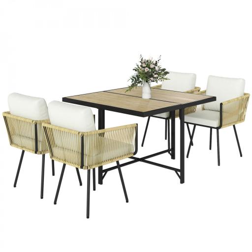 Conjunto de Mesa y Sillas Jardín de Ratán 5 Piezas con Mesa de Plástico-Madera 4 Sillas con Cojines Extraíbles Beige [8]