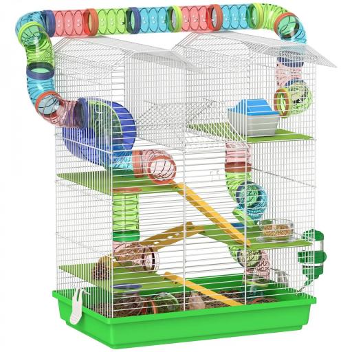 Jaula para Hámster de 5 Niveles 47x30x59 cm con Túnel Comedero Bebedero Casita Rueda de Ejercicio Escaleras Verde [9]