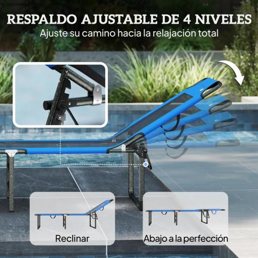 Tumbona Plegable con Respaldo Ajustable en 4 Posiciones Asas y Respaldo de Textilene Carga 120 kg 175x58x68 cm Azul [2]