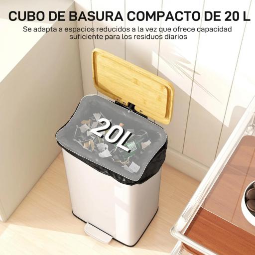 Cubo de Basura Cocina con Pedal 20L Tapa Cierre Suave Cubo Interior Extraíble 29,5x29,5x56,8 cm Blanco y Natural [4]