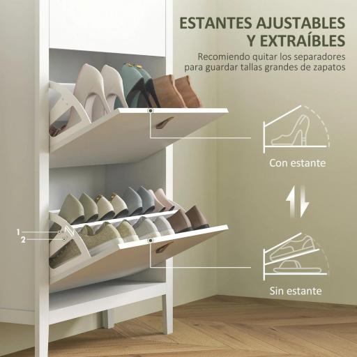Zapatero Estrecho con 3 Compartimentos y Tiradores de Cuero PU para Pasillos y Recibidores 80x24x131 cm Blanco y Madera [3]
