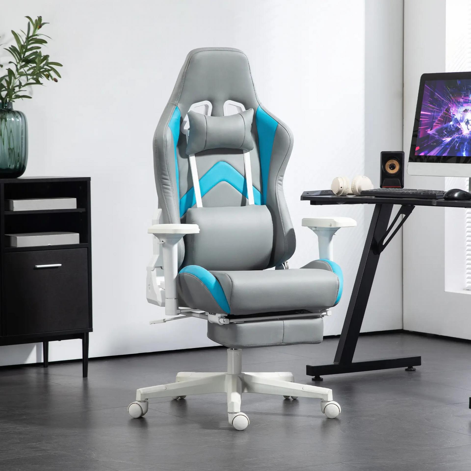 Silla Gamer Reclinable con Altura Ajustable Reposapiés Retráctil Soporte Lumbar y Reposacabezas Gris Claro y Azul