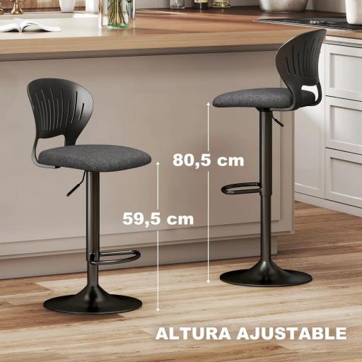 Juego de 2 Taburetes de Bar Giratorios en 360° Regulables en Altura de 84-105 cm Respaldo Hueco Reposapiés Negro [4]