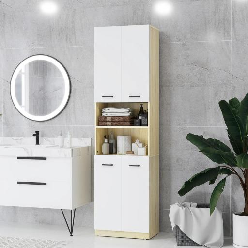 Armario Alto de Baño con 4 Puertas 2 Estantes Abiertos y Estantes Ajustables 53x33,5x195,7 cm Blanco y Roble [3]