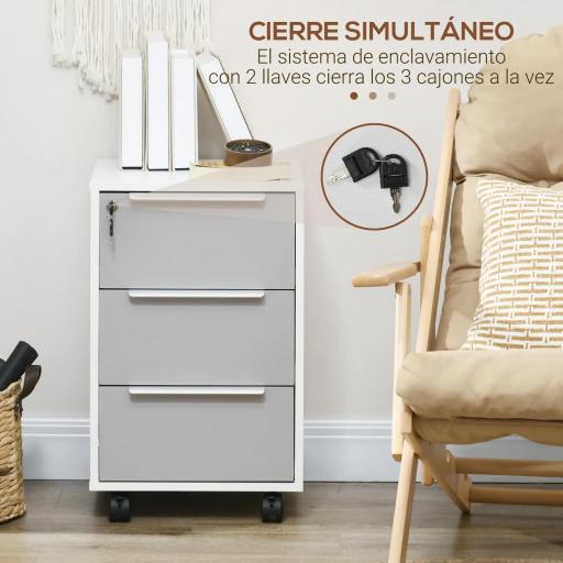 Mueble Archivador con Ruedas 3 Cajones Cerradura y 2 Llaves para Estudio Salón 40x40x63,5 cm Blanco y Gris [8]
