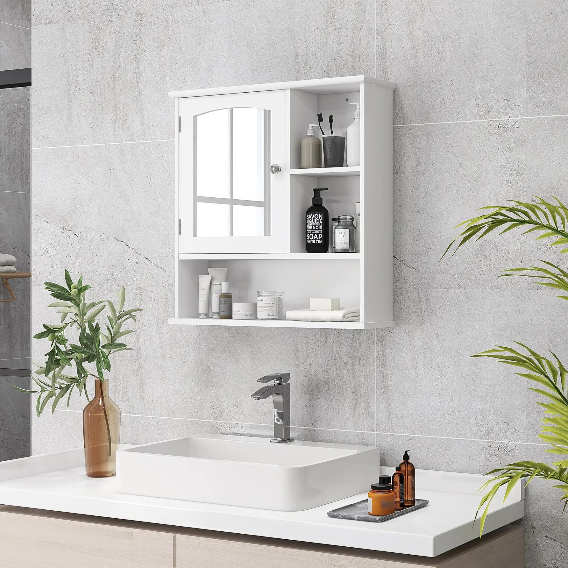 Armario de Baño con Espejo de Gran Almacenaje Armario Montado en la Pared con Estante Ajustable Interior y Estantes Abiertos 60x18x63 cm Blanco