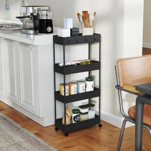 Carro de Cocina de 4 Niveles Carrito Auxiliar con Ruedas 4 Cestas y 4 Ganchos Extraíbles para Salón 40x19x90 cm Negro [7]