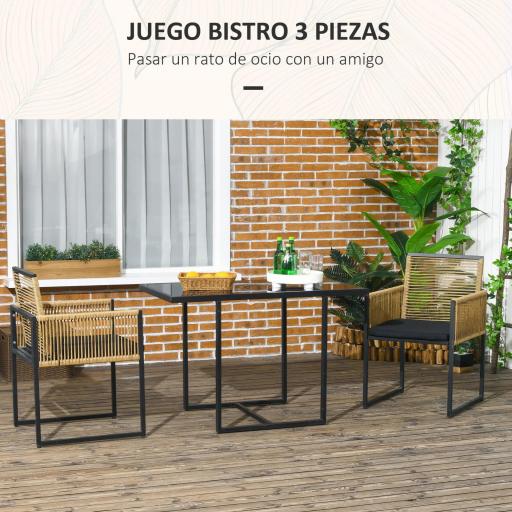 Set de Mesa de Cristal y 2 Sillas de Ratán Sintético con Respaldos Plegables Diseño Anidado con Cojines Natural y Negro [2]