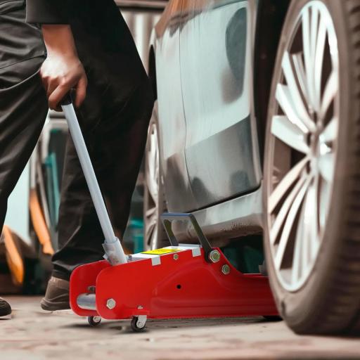 Gato Hidráulico para Coche 2,5T Altura de Elevación 80-380 mm con Perfil Bajo Ruedas para Automóvil SUV Rojo