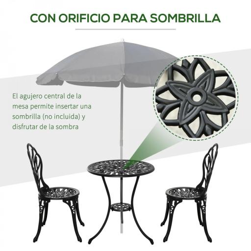 Set de Jardín 3 Piezas con Mesa Redonda Ø60x67 cm y 2 Sillas 42,5x47,5x89 cm Mesa con Orificio para Sombrilla Negro [4]