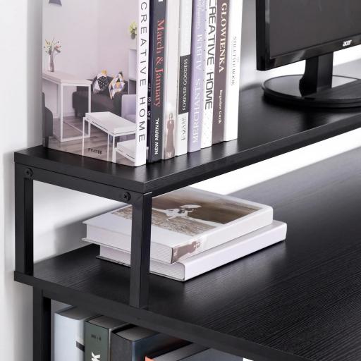 Mesa para Computadora Escritorio de Oficina Estudio con 3 Estantes Tabla Superior Patas con Almohadillas Ajustables Antideslizantes Marco Metálico 140x60x93 cm Negro [7]