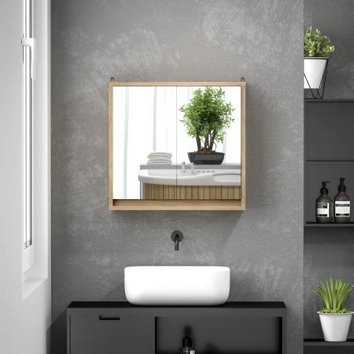 Armario de Baño con Espejo con 2 Puertas y Balda Ajustable Mueble Colgante de Estilo Moderno 48x14,5x45cm Natural [5]