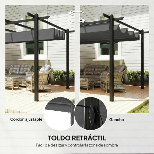 Pérgola de Jardín 4x3 m con Techo Retráctil Estructura de Aluminio UPF30+ Orificios de Drenaje Pabellón Exterior Gris [6]