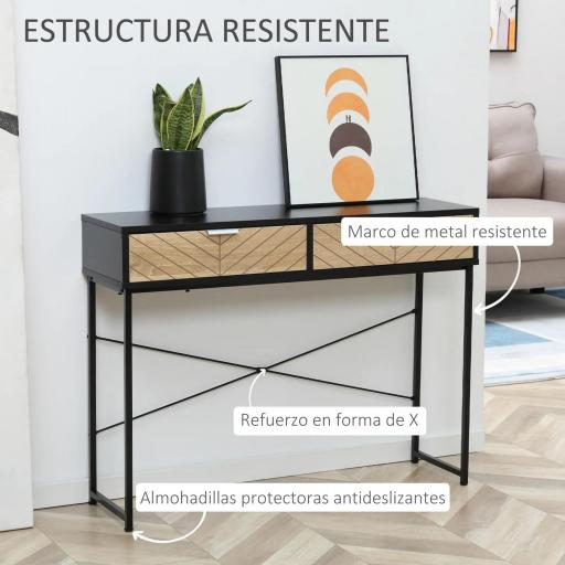 Mesa de Consola Estrecha con 2 Cajones Diseño de Líneas Talladas Estilo Moderna Negro y Roble [3]