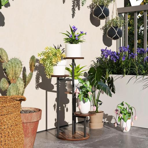 Soporte para Plantas de Madera y Acero de 5 Niveles con 5 Estantes Redondos Soporte para Macetas 43x43x70 cm Carbonizado [6]