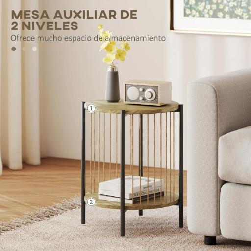 Mesa Auxiliar Redonda de 2 Niveles con Estante y Estructura de Acero para Salón Dormitorio 43,5x43,5x51 cm Natural [4]