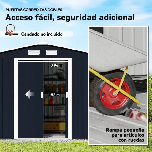 Cobertizo de Jardín 4,9 m² 277x195x192 cm con 2 Puertas Corredizas Base Refuerzo (Suelo NO Incluido) Gris Oscuro [3]