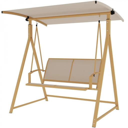 Columpio de Jardín de 2 Plazas con Toldo Ajustable y Estructura Triangular de Metal Carga 220 kg 160x112x162 cm Caqui [9]